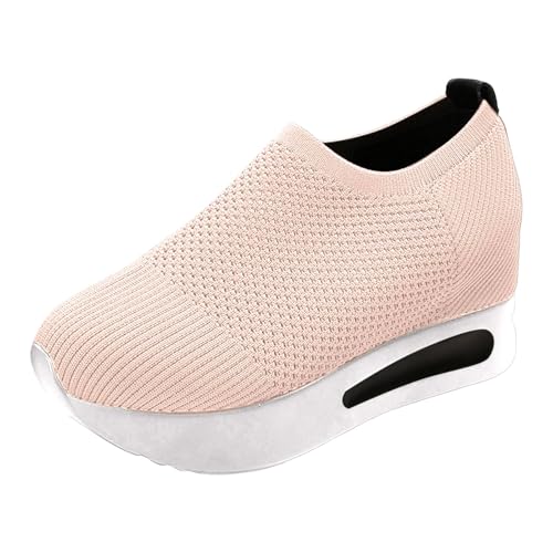 Sneaker Damen Turnschuhe Freizeitschuhe Slipper Neue Hohl Mesh Frauen Einzelschuhe Fliegen Woven Casual Keilabsatz Dicken Boden Slip Auf Schuhe Sommerschuhe (Red, 42) von VBEDKDEB