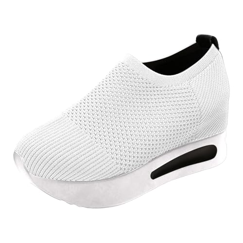 Sneaker Damen Turnschuhe Freizeitschuhe Slipper Neue Hohl Mesh Frauen Einzelschuhe Fliegen Woven Casual Keilabsatz Dicken Boden Slip Auf Schuhe Sommerschuhe (White, 37) von VBEDKDEB