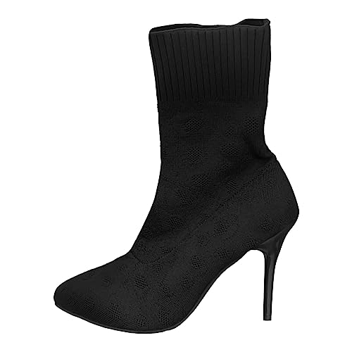 Stiefeletten Damen Stiefel Ankle Boots 2023 Große Größe Gestrickte Elastische Stiefel Mitte Oberschenkel Hohe Mit Außenhandel High Heel Frauen Schuhe Gummistiefel Damen Schwarz (38) von VBEDKDEB