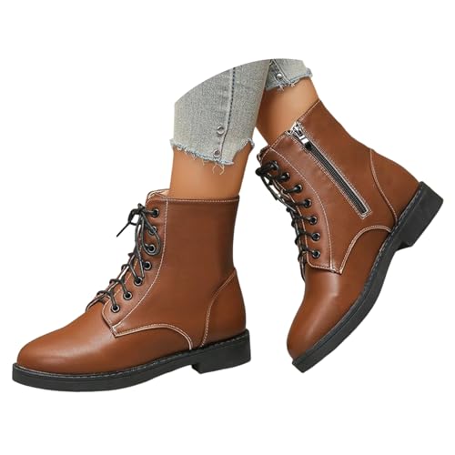 Stiefeletten Damen Stiefel Ankle Boots Britische Schnürstiefel mit kurzem Schlauch für Damen, einfarbig, seitlicher Reißverschluss, flache Sohle, modische Lederstiefel Barfuß Gummistiefel (Brown, 39) von VBEDKDEB