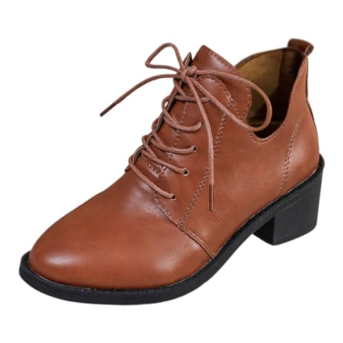 Stiefeletten Damen Stiefel Ankle Boots Damen Casual Einfarbig Einfache Retro Schnürung High Heel Feiner Absatz Spitzschuh Große Größe Stiefel Stiefeletten Kurze Goth Boots (Brown, 42) von VBEDKDEB