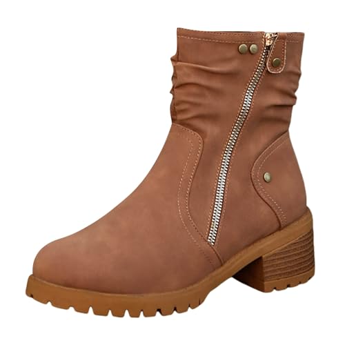 Stiefeletten Damen Stiefel Ankle Boots Damen Cowboystiefel mit Blockabsatz und mittelhoher Wadenhöhe, Moderne Stiefeletten mit runder Zehenpartie Overknee Stiefel (Brown, 42) von VBEDKDEB