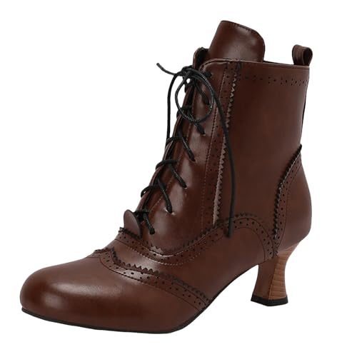 Stiefeletten Damen Stiefel Ankle Boots Damen Herbst und Winter Gummisohle Dicker Absatz Schnürstiefel High Heel Kurze Stiefel Stiefeletten Mit Absatz (Brown, 38) von VBEDKDEB