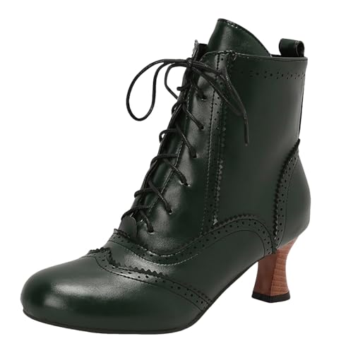 Stiefeletten Damen Stiefel Ankle Boots Damen Herbst und Winter Gummisohle Dicker Absatz Schnürstiefel High Heel Kurze Stiefel Stiefeletten Mit Absatz (Green, 40) von VBEDKDEB