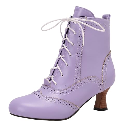 Stiefeletten Damen Stiefel Ankle Boots Damen Herbst und Winter Gummisohle Dicker Absatz Schnürstiefel High Heel Kurze Stiefel Stiefeletten Mit Absatz (Purple, 34) von VBEDKDEB