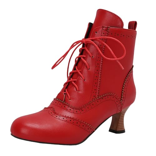 Stiefeletten Damen Stiefel Ankle Boots Damen Herbst und Winter Gummisohle Dicker Absatz Schnürstiefel High Heel Kurze Stiefel Stiefeletten Mit Absatz (Red, 40) von VBEDKDEB