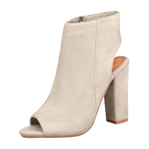 Stiefeletten Damen Stiefel Ankle Boots Damen Sandalen Fischabsatz Dicker Reißverschluss Mundabsatz High Fashion Schuhe Seitliche Damensandalen Cowboy Stiefel (Khaki, 43) von VBEDKDEB