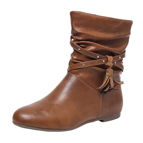 Stiefeletten Damen Stiefel Ankle Boots Damen Stiefel mit halbhoher Wade, faltiger seitlicher Reißverschluss, Fransen Design, runde Zehenpartie, flach, bequem, vielseitig, elegant, (Brown, 39) von VBEDKDEB