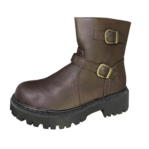 Stiefeletten Damen Stiefel Ankle Boots Damen Stiefeletten Modische Stiefel Reitstiefel Für Frauen Einfarbig Quadratische Absätze Reißverschluss Kurze Schuhe Mit Runder Gothic Schuhe (Brown, 42) von VBEDKDEB