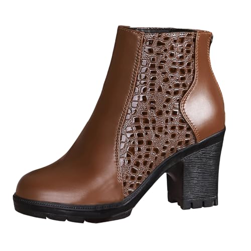 Stiefeletten Damen Stiefel Ankle Boots Damen Stiefeletten mit Blockabsatz und runder Zehenpartie, modische, lässige Lederstiefel mit Reißverschluss hinten und runder Zehenpartie Schuhe (Brown, 37) von VBEDKDEB