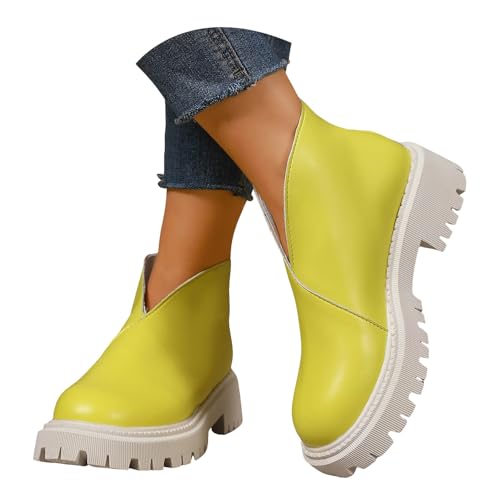 Stiefeletten Damen Stiefel Ankle Boots Damen Stiefeletten mit klobigem, niedrigem Absatz, bequemen kurzen Stiefeln, runder Zehenbereich, Ankle Boots mit Reißverschluss auf der Reitschuhe (Yellow, 36) von VBEDKDEB