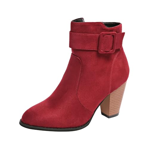 Stiefeletten Damen Stiefel Ankle Boots Damen Stiefeletten mit klobigem High Heel, modische runde Zehenpartie, seitlicher Reißverschluss, Booties, Freizeitschuhe Plateau Schuhe (Red, 39) von VBEDKDEB