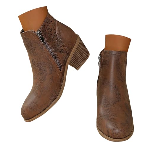 Stiefeletten Damen Stiefel Ankle Boots Damen Stiefeletten mit spitzer Zehenpartie und dickem Absatz und seitlichem Reißverschluss, modische Retro Lederstiefel mit kurzem Schaft Reitstiefel (Brown, 37) von VBEDKDEB