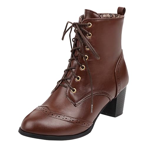Stiefeletten Damen Stiefel Ankle Boots Damen Winter Schnürstiefel mit dickem Absatz, Außenhandel, unabhängige Station, koreanische Ausgabe, Stiefel mit hohem Absatz, kurze Schuhe Festival (Brown, 38) von VBEDKDEB