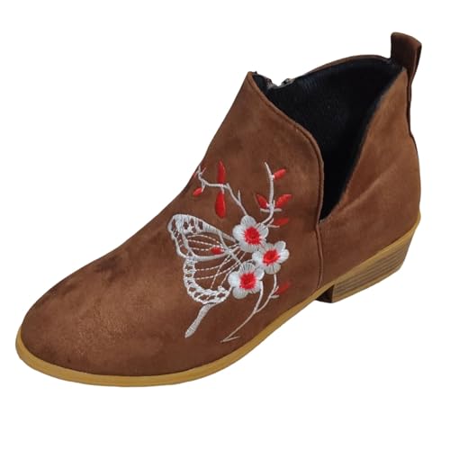 Stiefeletten Damen Stiefel Ankle Boots Damenmode, lässig, Spitze Zehenpartie, Dicker Absatz, niedriger Schnitt, bedruckter Reißverschluss, Stiefeletten Motorradschuhe Damen (Brown, 41) von VBEDKDEB