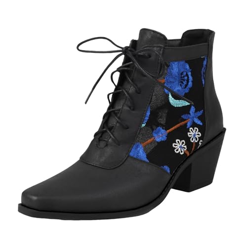 Stiefeletten Damen Stiefel Ankle Boots Damenmode Große Größe Retro Stickerei Chinesische Frauen Neue Stiefeletten Stiefel Schwarz Damen (Blue, 41) von VBEDKDEB