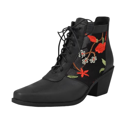 Stiefeletten Damen Stiefel Ankle Boots Damenmode Große Größe Retro Stickerei Chinesische Frauen Neue Stiefeletten Stiefel Schwarz Damen (Red, 38) von VBEDKDEB
