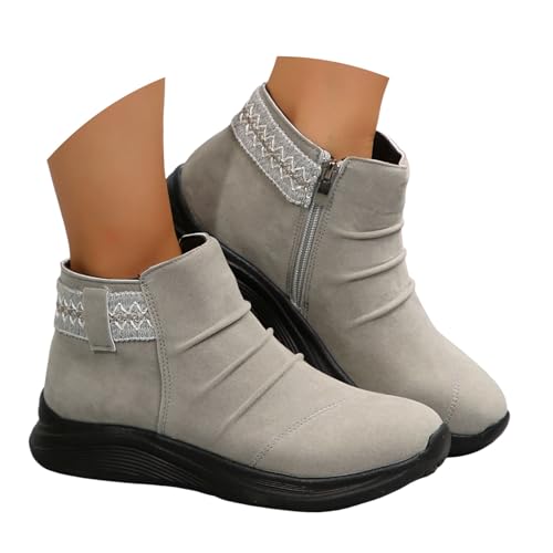 Stiefeletten Damen Stiefel Ankle Boots Damenmode Wildlederschuhe mit seitlichem Reißverschluss und geschlossener Zehenpartie, modisch, lässig, Retro, kurzer Schaft, flache Schwarze Boots (Grey, 42) von VBEDKDEB