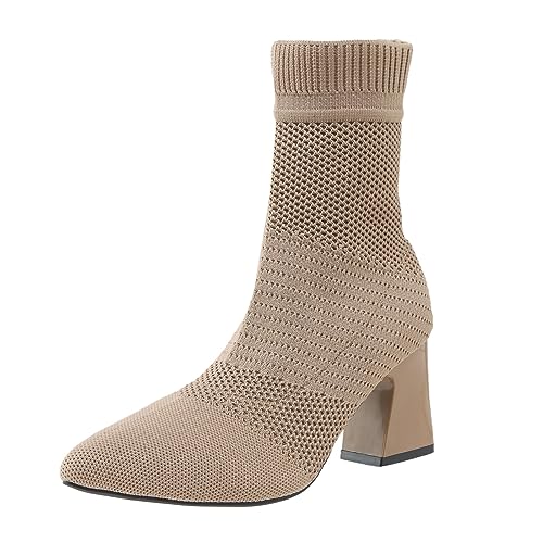 Stiefeletten Damen Stiefel Ankle Boots Damenschuhe, hohe Absätze, Socken, Stiefel, klobiger Absatz, elastische mittlerer Absatz, gestrickt, mittlere Röhre, Damenstiefel Goth Shoes (Khaki, 38) von VBEDKDEB