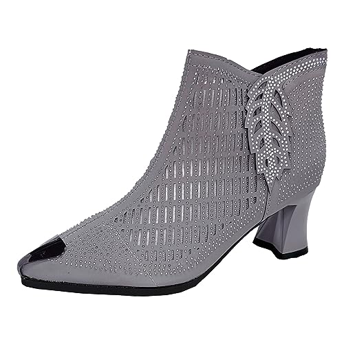 Stiefeletten Damen Stiefel Ankle Boots Damenschuhe, klobige Stiefel mit hohen Absätzen, modische glänzende Hohlloch Mesh glänzende Sandalen Gothic Schuhe Damen (Grey, 42) von VBEDKDEB