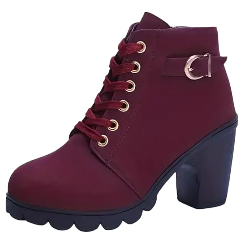 Stiefeletten Damen Stiefel Ankle Boots Damenschuhe Chunky High Heels Stiefel Lederstiefel Modische Chunky Heels Damenstiefel Atmungsaktive Kurze mit runder Spitze Trachtenschuhe Damen (Red, 42) von VBEDKDEB