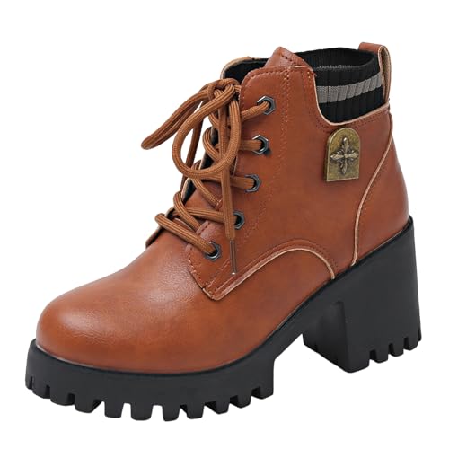 Stiefeletten Damen Stiefel Ankle Boots Damenschuhe Chunky High Heels Stiefel Lederstiefel Modische Chunky Heels Damenstiefel Atmungsaktive Kurze mit runder Spitze Western Damen (Brown, 39) von VBEDKDEB