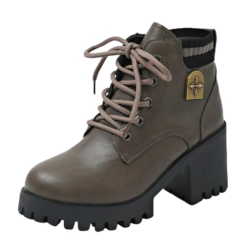 Stiefeletten Damen Stiefel Ankle Boots Damenschuhe Chunky High Heels Stiefel Lederstiefel Modische Chunky Heels Damenstiefel Atmungsaktive Kurze mit runder Spitze Western Damen (Grey, 37) von VBEDKDEB
