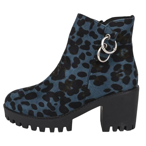 Stiefeletten Damen Stiefel Ankle Boots Damenschuhe Chunky High Heels Stiefel Lederstiefel Modische Chunky Heels Damenstiefel Atmungsaktive Kurze mit runder Spitze Westernstiefel Damen (Blue, 37) von VBEDKDEB