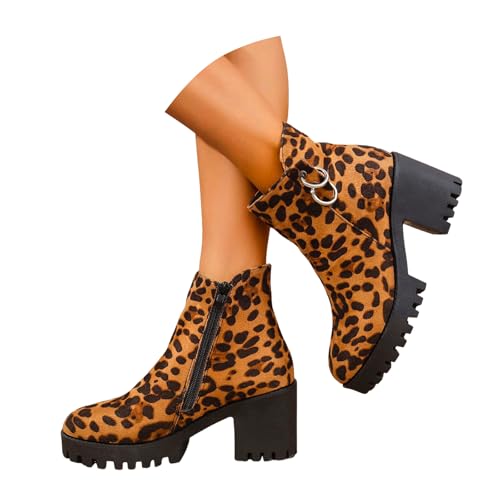 Stiefeletten Damen Stiefel Ankle Boots Damenschuhe Chunky High Heels Stiefel Lederstiefel Modische Chunky Heels Damenstiefel Atmungsaktive Kurze mit runder Spitze Westernstiefel Damen (Brown, 39) von VBEDKDEB