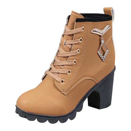 Stiefeletten Damen Stiefel Ankle Boots Damenschuhe Chunky High Heels Stiefel Lederstiefel Modische Chunky Heels Damenstiefel Atmungsaktive Kurze mit runder Spitze Winterstiefel Damen (Brown, 42) von VBEDKDEB