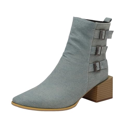 Stiefeletten Damen Stiefel Ankle Boots Damenstiefel mit Gummisohle, kurzer Samt, spitzer Absatz, hoher Absatz, dicker mittelhoher Schaft, große Größe, Stiefeletten, kurze Stiefel Damen (Blue, 37) von VBEDKDEB