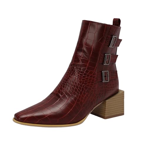 Stiefeletten Damen Stiefel Ankle Boots Damenstiefel mit Gummisohle, kurzer Samt, spitzer Absatz, hoher Absatz, dicker mittelhoher Schaft, große Größe, Stiefeletten, kurze Stiefel Damen (Red, 39) von VBEDKDEB