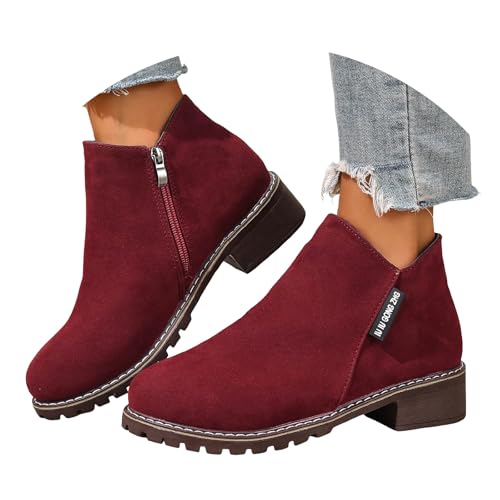 Stiefeletten Damen Stiefel Ankle Boots Damenstiefel mit runder Zehenpartie und dickem Absatz, modisch, lässig, einfarbig, Wildleder, kurzer Schaft, Oberbekleidung, Schuhe Mittelalter Damen (Red, 43) von VBEDKDEB