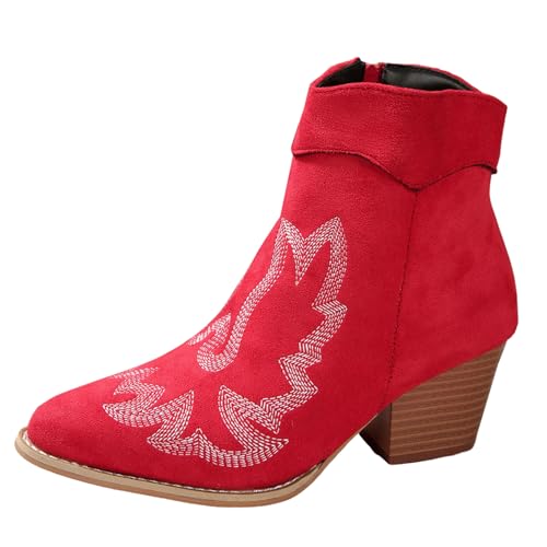 Stiefeletten Damen Stiefel Ankle Boots Damenstiefeletten mit dickem Absatz und spitzer Zehenpartie, schmale, kurze Stiefel, bestickt, Retro Westernmode, alle Cowboystiefel Winterboots Damen (Red, 43) von VBEDKDEB