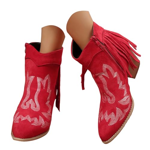 Stiefeletten Damen Stiefel Ankle Boots Dicker Absatz, bequem, vielseitig, kurze Stiefel für Damen, europäische und Wildleder Quastendekoration, modische Damenstiefel Winter Boots Women (Red, 41) von VBEDKDEB