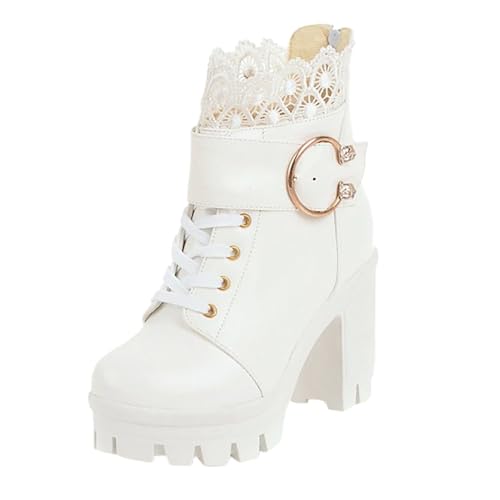 Stiefeletten Damen Stiefel Ankle Boots Frauen Mitte Wade Stiefel Herbst Und Winter Mode Spitz Zulaufend Square Heel 22222 Stiefeletten Damen (White, 39) von VBEDKDEB