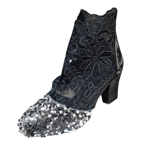 Stiefeletten Damen Stiefel Ankle Boots Frauen Mode Retro Runde Kopf Pailletten Stiefeletten Hohl Dick Mit Mesh Kurze Stiefel High Heels Damen Gummistiefel Kurz (41) von VBEDKDEB