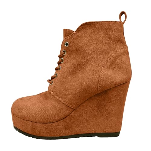Stiefeletten Damen Stiefel Ankle Boots Große Wildleder Schnürstiefeletten mit Keilabsatz und nackten Stiefeletten für den Winter sowie warmer Keilabsatz aus Samt für Damen Gummistiefel (Brown, 36) von VBEDKDEB