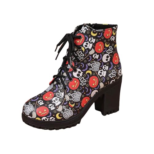 Stiefeletten Damen Stiefel Ankle Boots Halloween Fashion Trend Damen Seitlicher Reißverschluss Runde Zehen Dicker Absatz Lässige Kurze Stiefel High Heels Stiefeletten (37) von VBEDKDEB