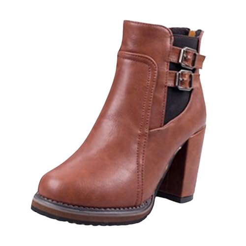 Stiefeletten Damen Stiefel Ankle Boots Herbst und Winter Neue Kurze Stiefel Frauen Blockabsatz Gürtel Kurze High Heel elastische weibliche Stiefeletten Ausgefallene Schuhe Damen (Brown, 36) von VBEDKDEB