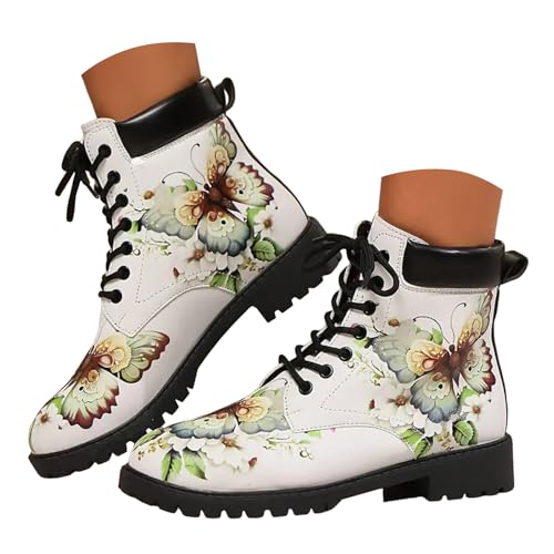 Stiefeletten Damen Stiefel Ankle Boots Lässige Einzelstiefel in großer Größe, bedruckt, runde Zehenpartie, französischer dicker Absatz, farblich passende Damenstiefel Wasserdichte Schuhe (White, 43) von VBEDKDEB