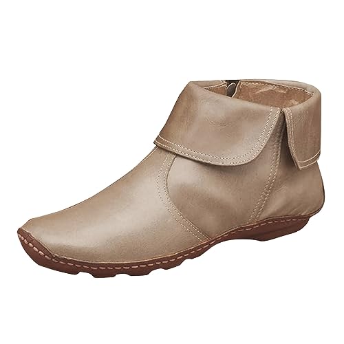 Stiefeletten Damen Stiefel Ankle Boots Mode Frauen Einfarbig Flache Zipper Kurze Booties Runde Kappe Schuhe Cowboystiefel Damen Schwarz (Khaki, 37) von VBEDKDEB