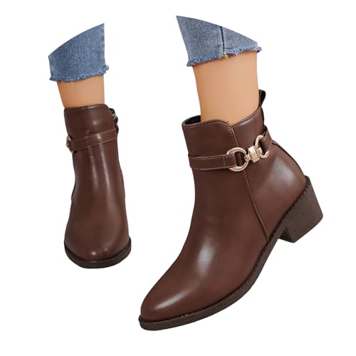 Stiefeletten Damen Stiefel Ankle Boots Mode Frauen Leder Square Heels Reißverschluss Solide Kurze Booties Runde Zehenschuhe Reitstiefeletten Damen (Brown, 38) von VBEDKDEB