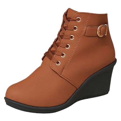 Stiefeletten Damen Stiefel Ankle Boots Mode Frauen Leder Square Heels Reißverschluss solide Kurze Booties Runde Zehe Schuhe Cowboy Boots Damen (Brown, 35) von VBEDKDEB