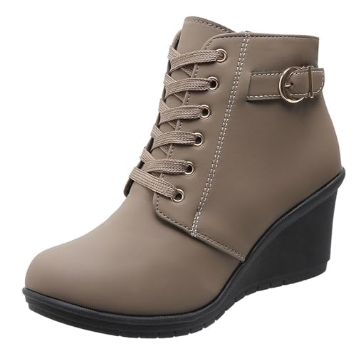 Stiefeletten Damen Stiefel Ankle Boots Mode Frauen Leder Square Heels Reißverschluss solide Kurze Booties Runde Zehe Schuhe Cowboy Boots Damen (Khaki, 35) von VBEDKDEB