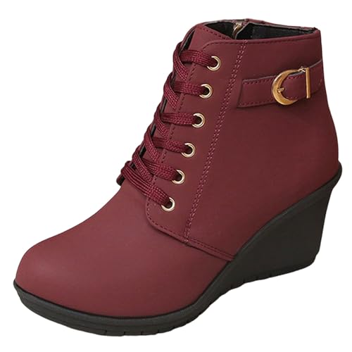 Stiefeletten Damen Stiefel Ankle Boots Mode Frauen Leder Square Heels Reißverschluss solide Kurze Booties Runde Zehe Schuhe Cowboy Boots Damen (Red, 42) von VBEDKDEB
