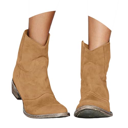 Stiefeletten Damen Stiefel Ankle Boots Mode Frauen Mid Stiefel Blockabsatz Niedrigen Absatz Runde Zehe Volltonfarbe Wildleder Zurück Reißverschluss Bequem Cowboy Damen (Brown, 41) von VBEDKDEB
