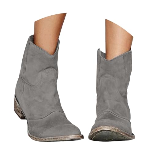 Stiefeletten Damen Stiefel Ankle Boots Mode Frauen Mid Stiefel Blockabsatz Niedrigen Absatz Runde Zehe Volltonfarbe Wildleder Zurück Reißverschluss Bequem Cowboy Damen (Grey, 43) von VBEDKDEB