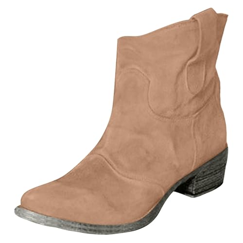 Stiefeletten Damen Stiefel Ankle Boots Mode Frauen Mid Stiefel Blockabsatz Niedrigen Absatz Runde Zehe Volltonfarbe Wildleder Zurück Reißverschluss Bequem Cowboy Damen (Khaki, 41) von VBEDKDEB