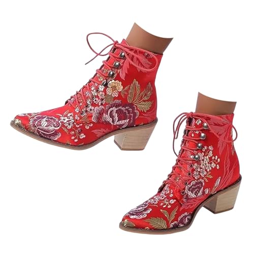 Stiefeletten Damen Stiefel Ankle Boots Mode und Winter Frauen Stiefeletten Spitze Zehe klobigen Absatz Schnürung Stickerei Blume ethnischen Stil Combat Boots Damen (Red, 39) von VBEDKDEB